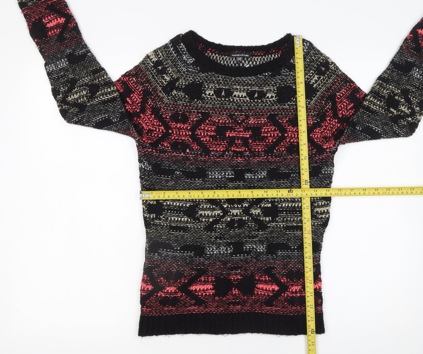 Warehouse Women's Black Red Fair Isle Jumper UK 6 Long Sleeve Knit
