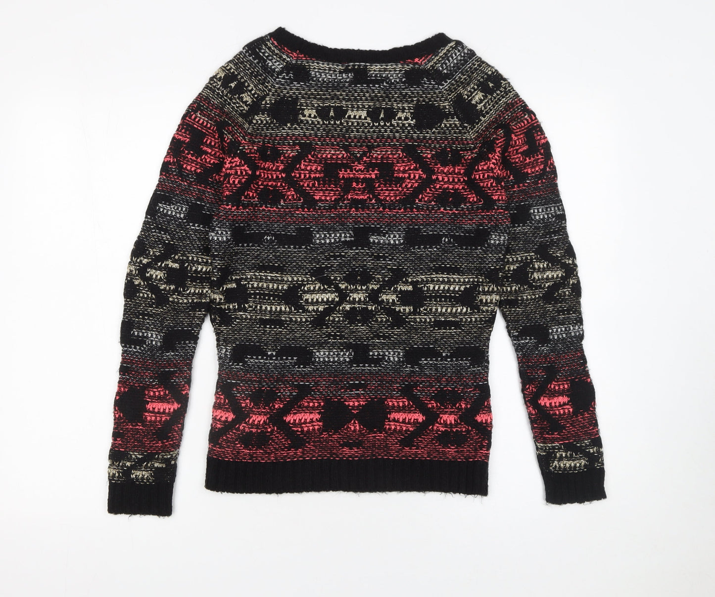 Warehouse Women's Black Red Fair Isle Jumper UK 6 Long Sleeve Knit
