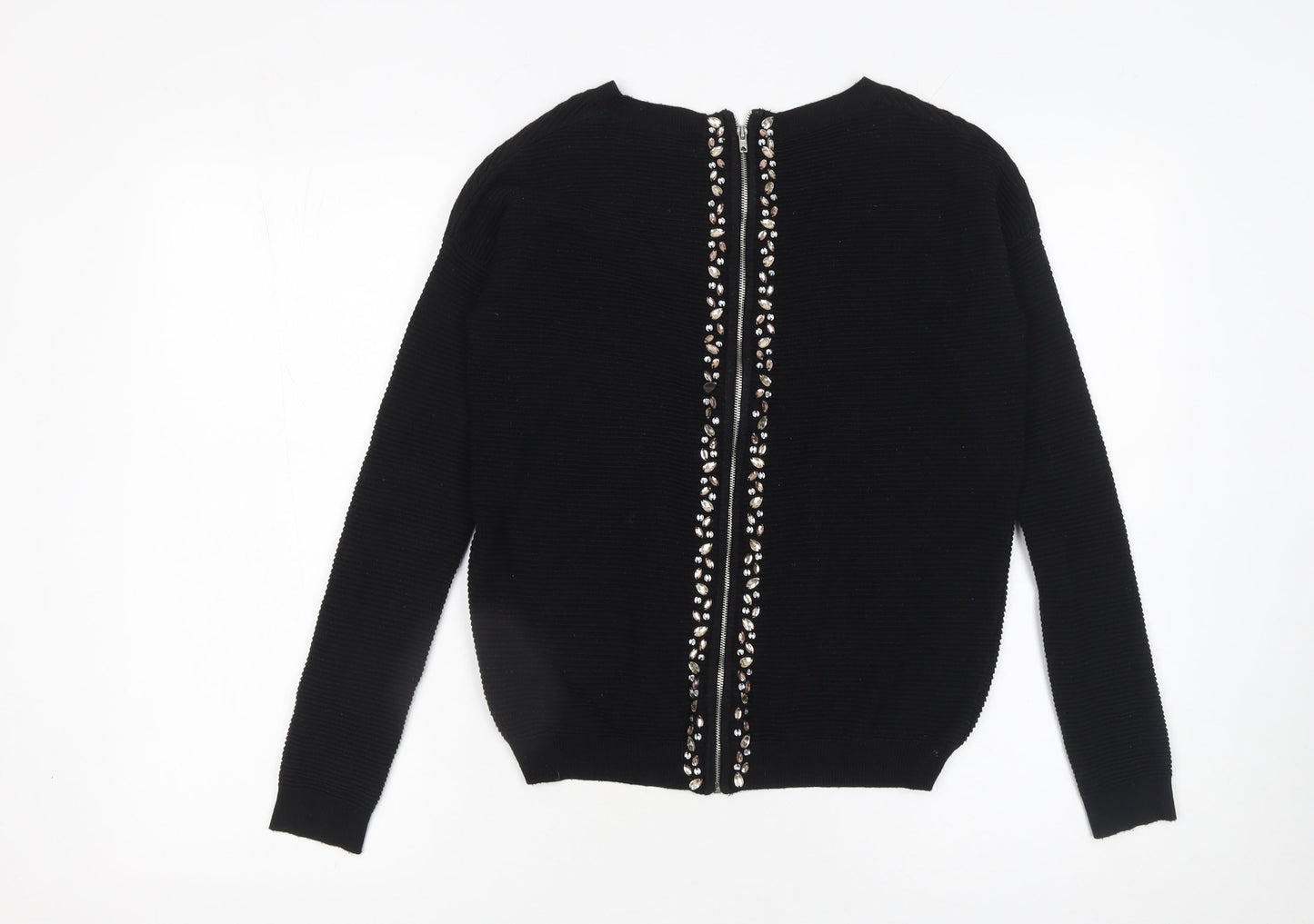 Next Women Black Beaded Zip Cardigan Size 6 Round Neck Knit