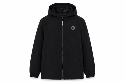 Front view of Threadboys boys’ black hooded rain coat jacket 11-12 years water resistant