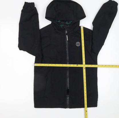 Back view of Threadboys boys’ black hooded rain coat jacket 11-12 years water resistant