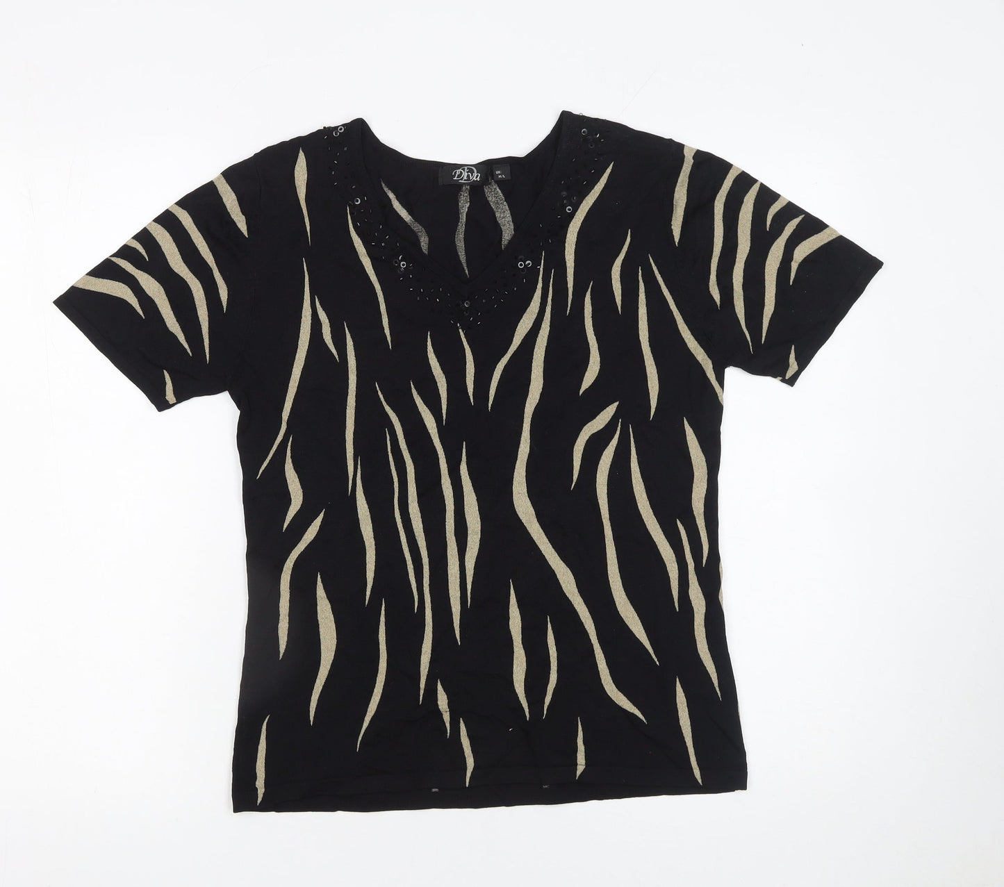Diva Womens Black Animal Print Beaded V-Neck Short Sleeve Jumper M