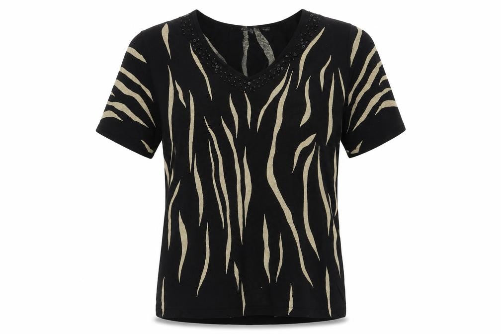 Diva Womens Black Animal Print Beaded V-Neck Short Sleeve Jumper M