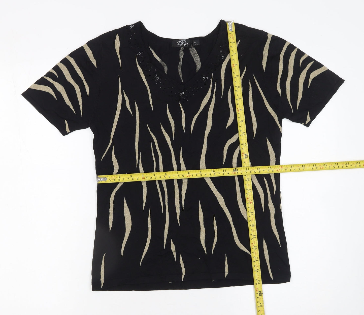 Diva Womens Black Animal Print Beaded V-Neck Short Sleeve Jumper M