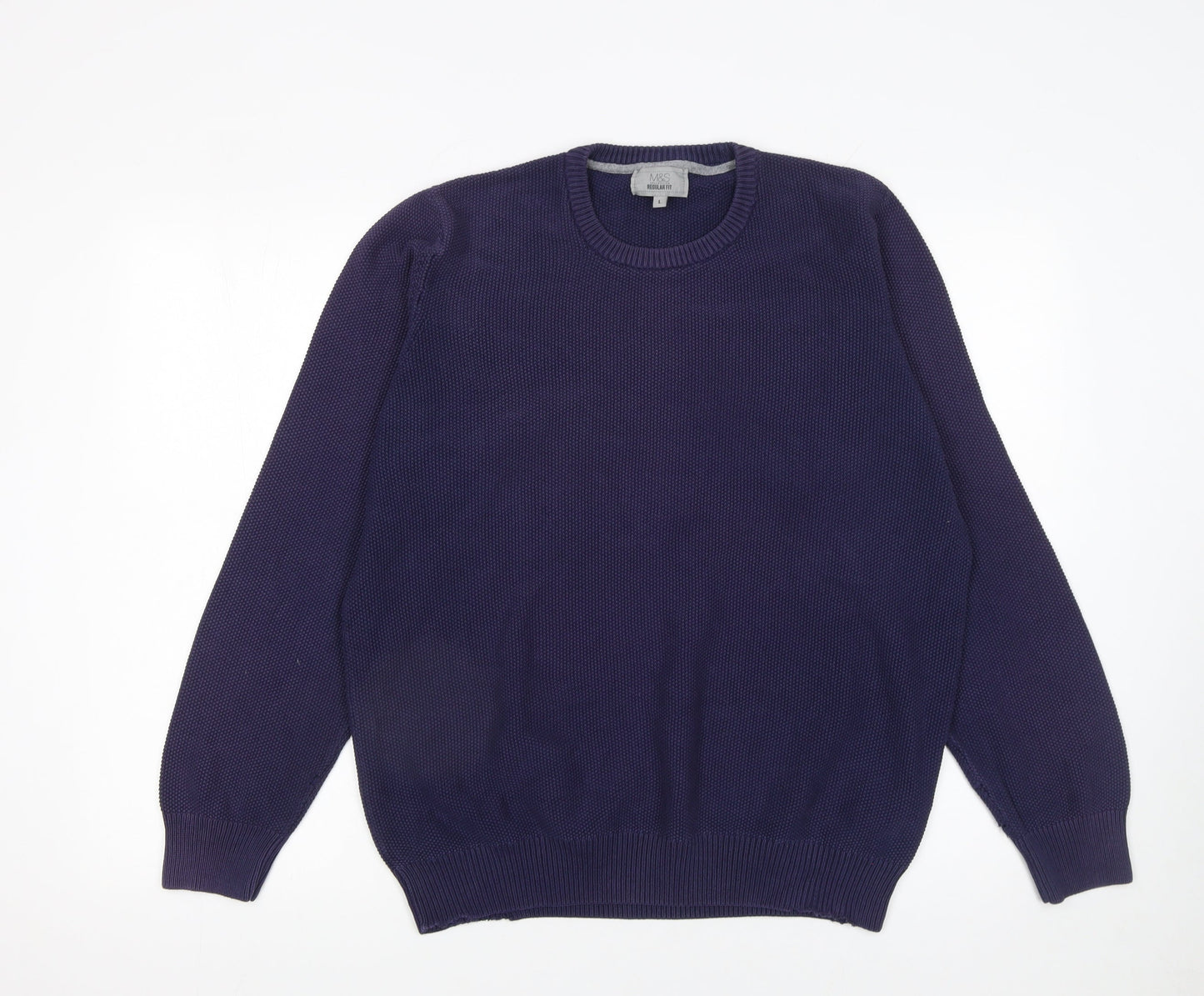 Marks and Spencer Men's Blue Cotton Crew Neck Jumper L Regular Fit
