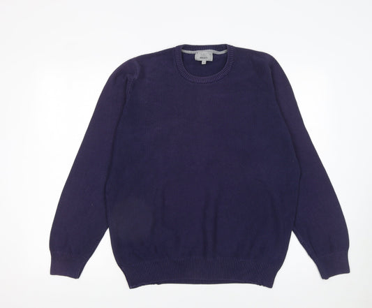Marks and Spencer Men's Blue Cotton Crew Neck Jumper L Regular Fit