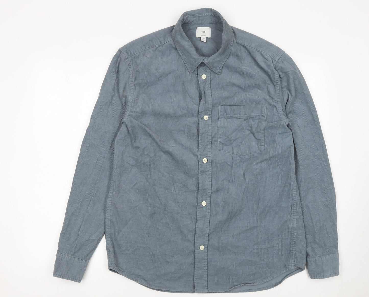 H&M Men's Blue Regular Fit Long Sleeve Cotton Button-Up Shirt M