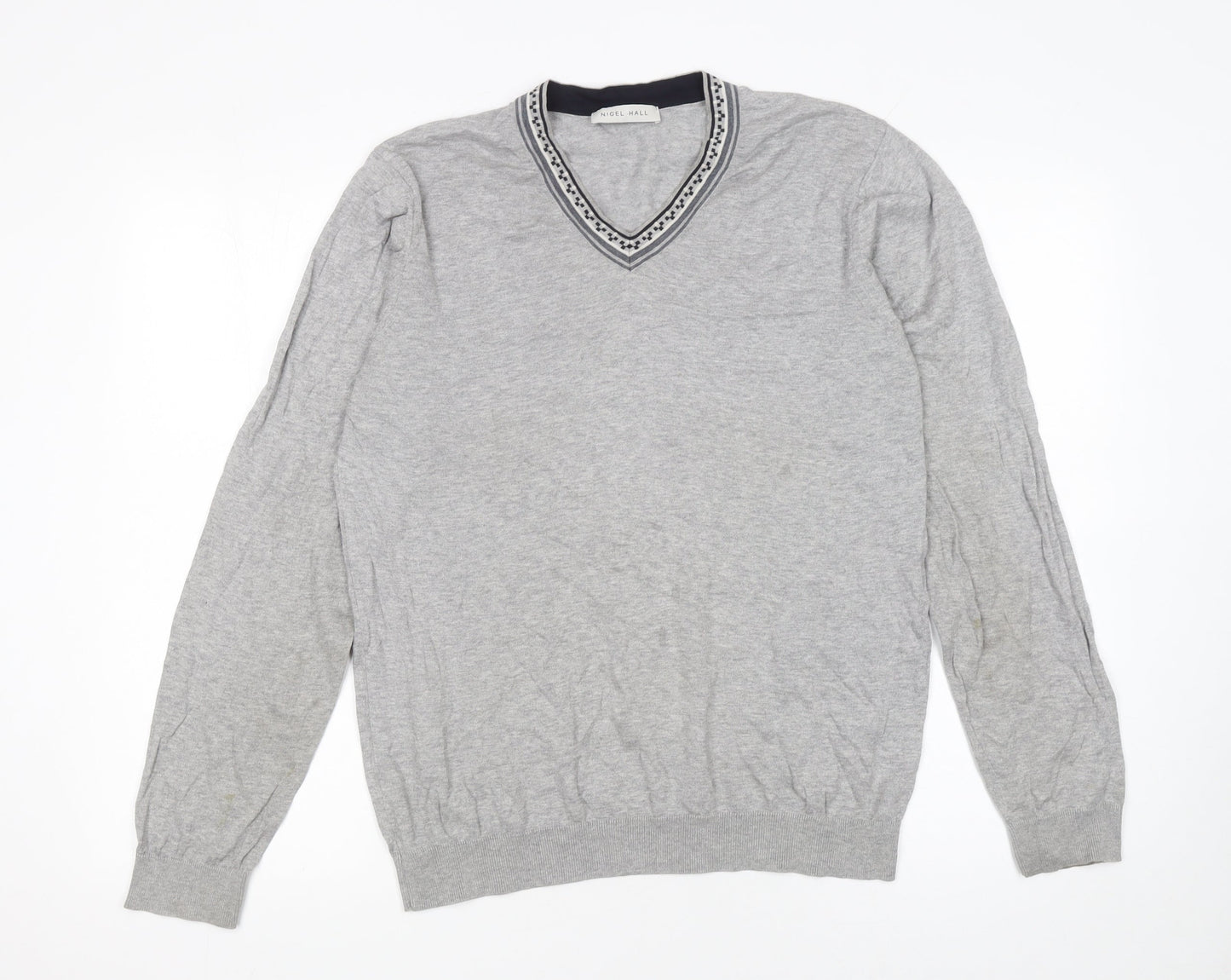 Nigel Hall Men Grey Cotton V-Neck Pullover Jumper M