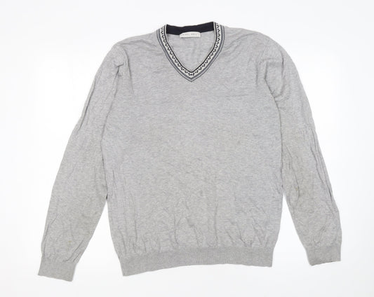 Nigel Hall Men Grey Cotton V-Neck Pullover Jumper M