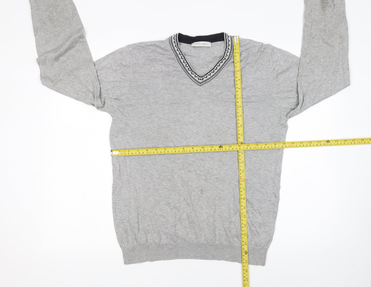 Nigel Hall Men Grey Cotton V-Neck Pullover Jumper M