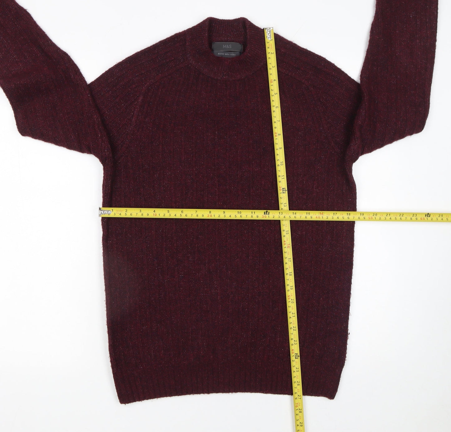 Marks and Spencer Men's Red Wool Blend Rib Knit Jumper Size S