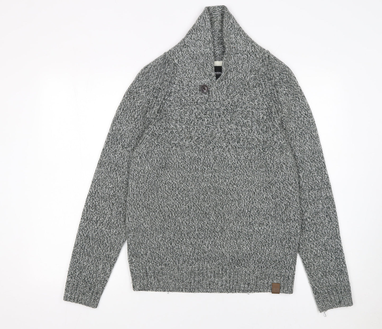 Burton Menswear London Men's Grey Chunky-Knit Shawl Neck Jumper S