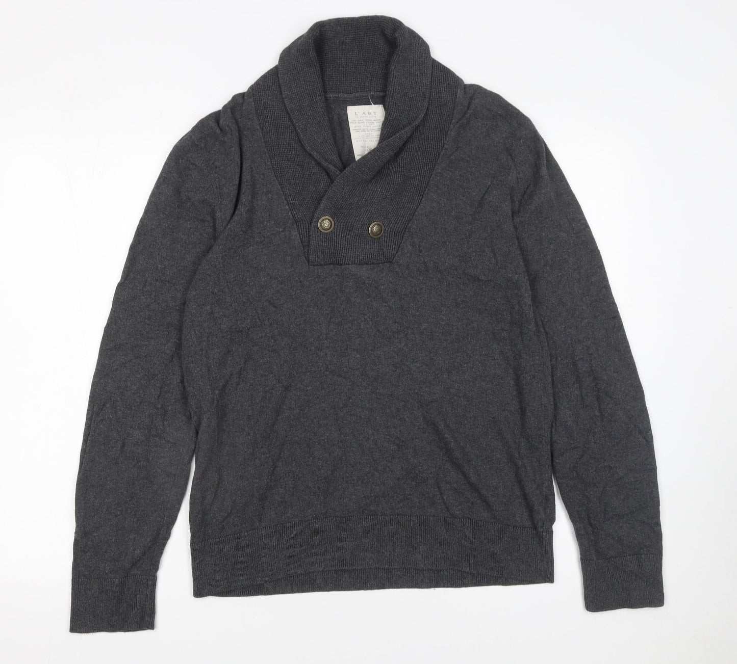 River Island Men's Grey Cotton Shawl Collar Button Jumper Size M