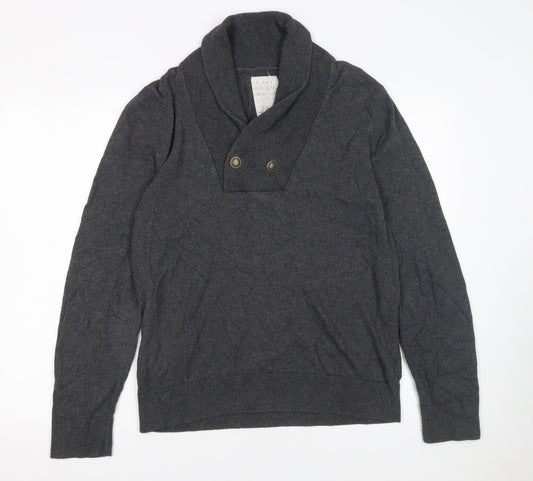 River Island Men's Grey Cotton Shawl Collar Button Jumper Size M