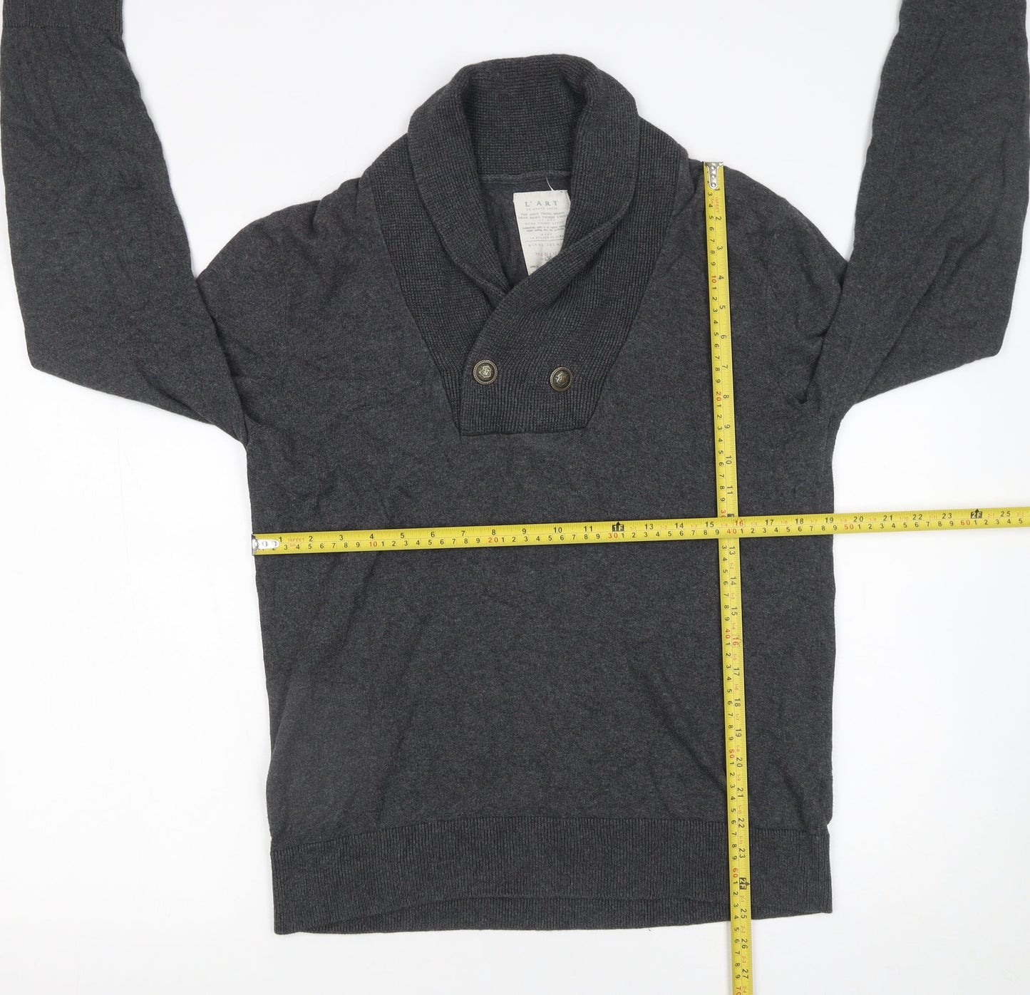 River Island Men's Grey Cotton Shawl Collar Button Jumper Size M
