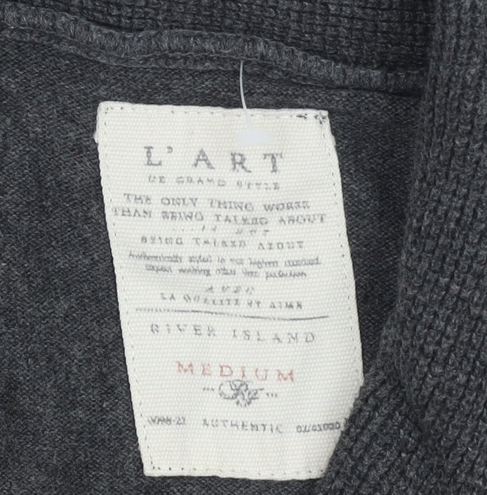 River Island Men's Grey Cotton Shawl Collar Button Jumper Size M