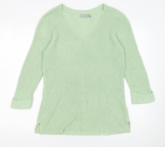 Fransa Women’s Green Chunky Knit V-Neck Pullover Jumper XS