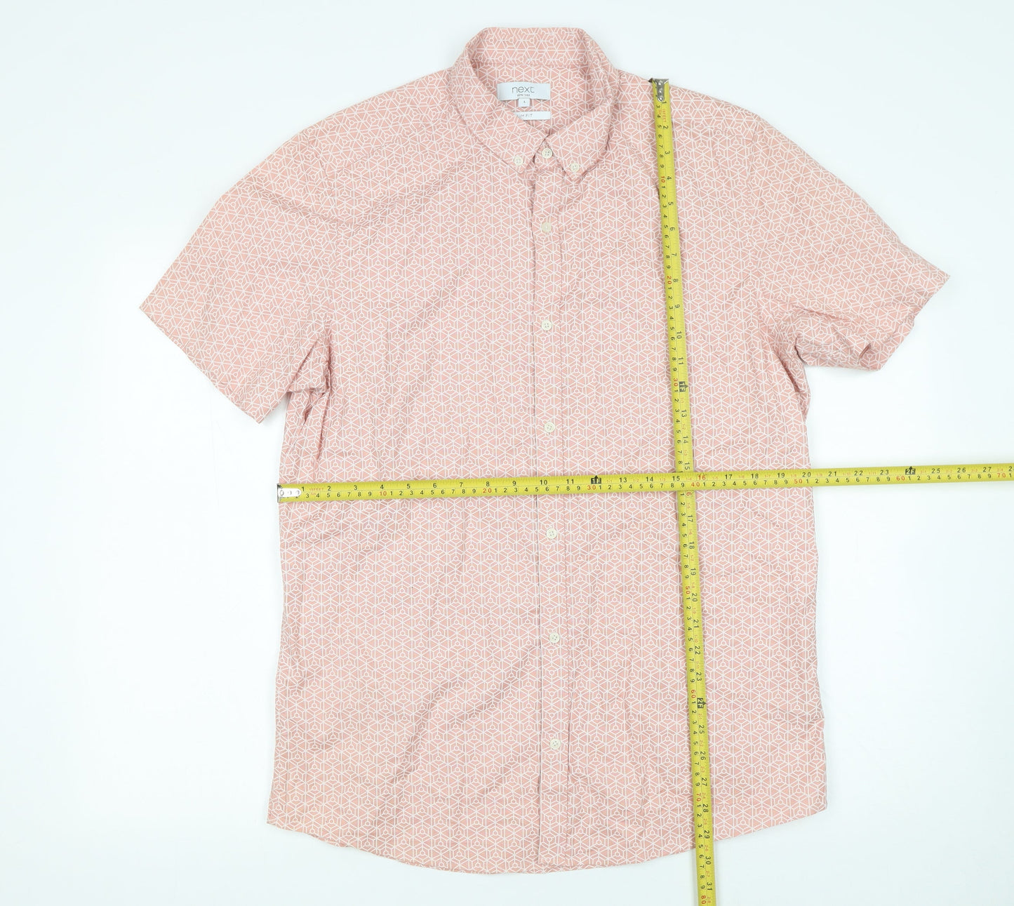 Next Men's Pink Geometric Button-Up Short Sleeve Shirt L