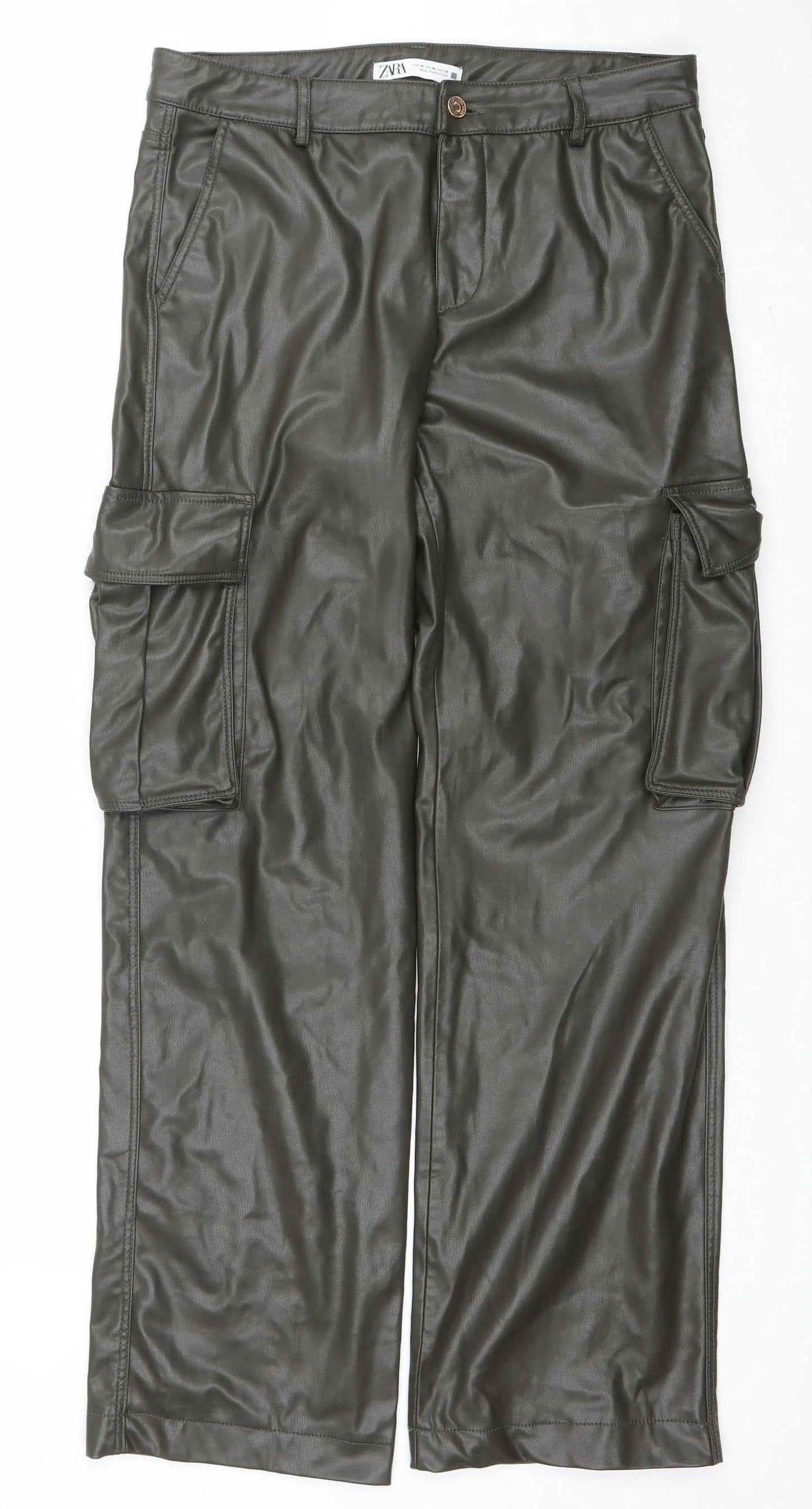 Zara Women Brown Faux Leather Cargo Trousers Size 12