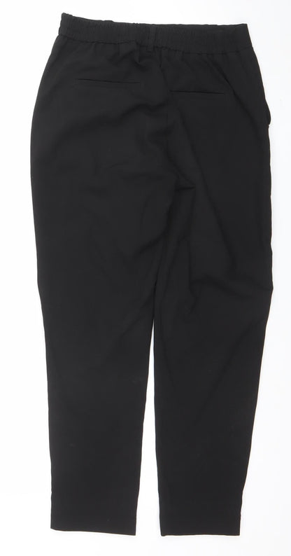 Close-up detail of STUDIO women’s black regular fit tapered polyester stretch trousers, size UK 12