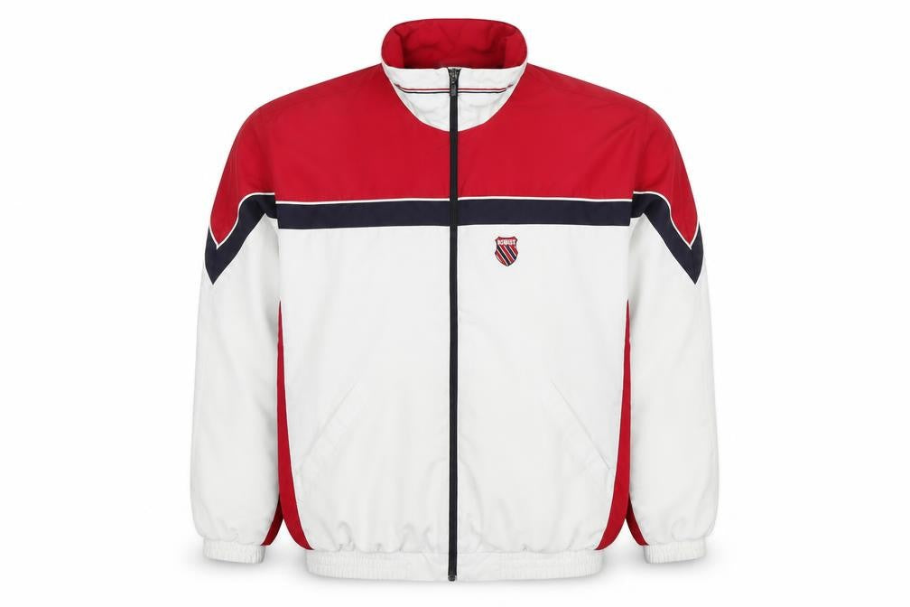 K-Swiss Men’s White Red Retro Bomber Jacket Size M With Logo Zip