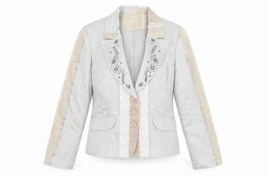 Jensen Women Beige Floral Cotton Blend Lined Single Breasted Blazer Size 14
