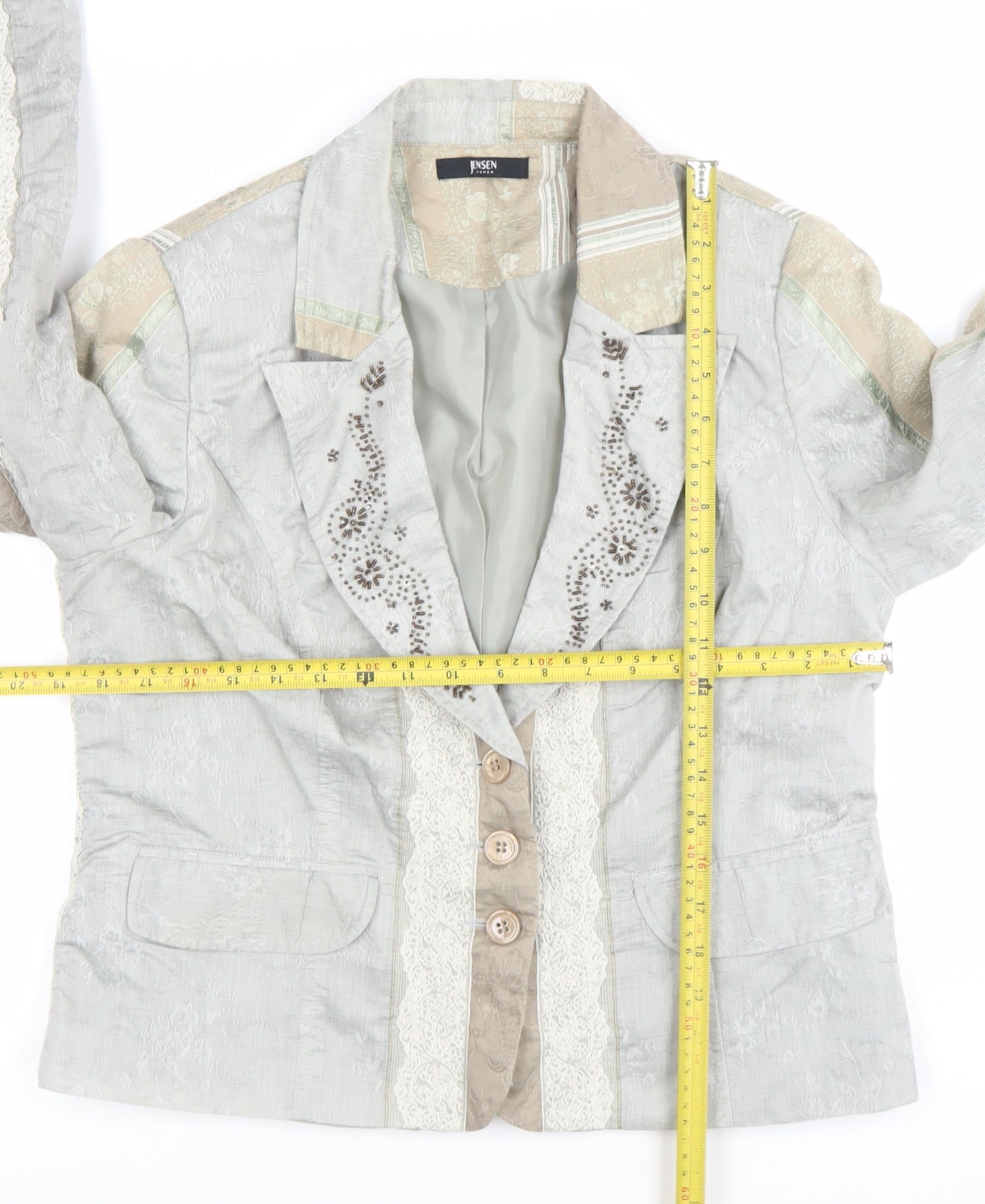 Jensen Women Beige Floral Cotton Blend Lined Single Breasted Blazer Size 14