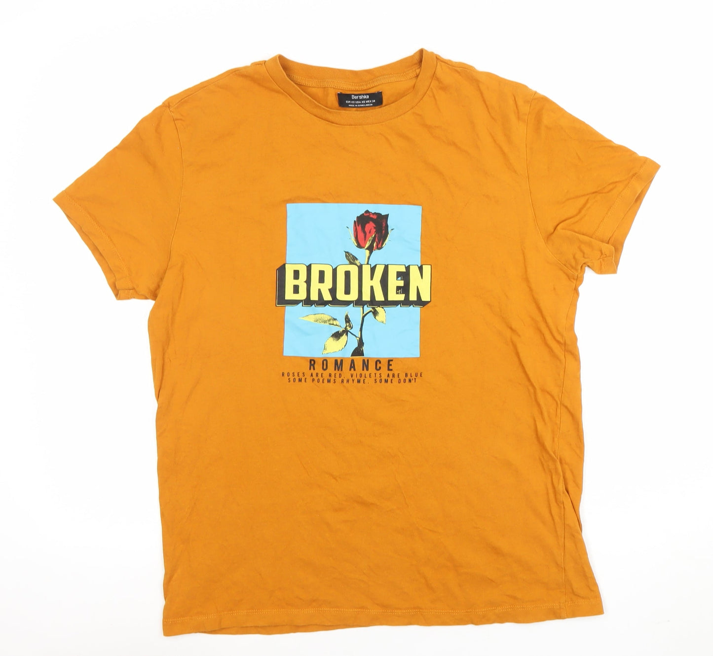 Bershka Men’s Orange Broken Romance Graphic Cotton T-Shirt XS