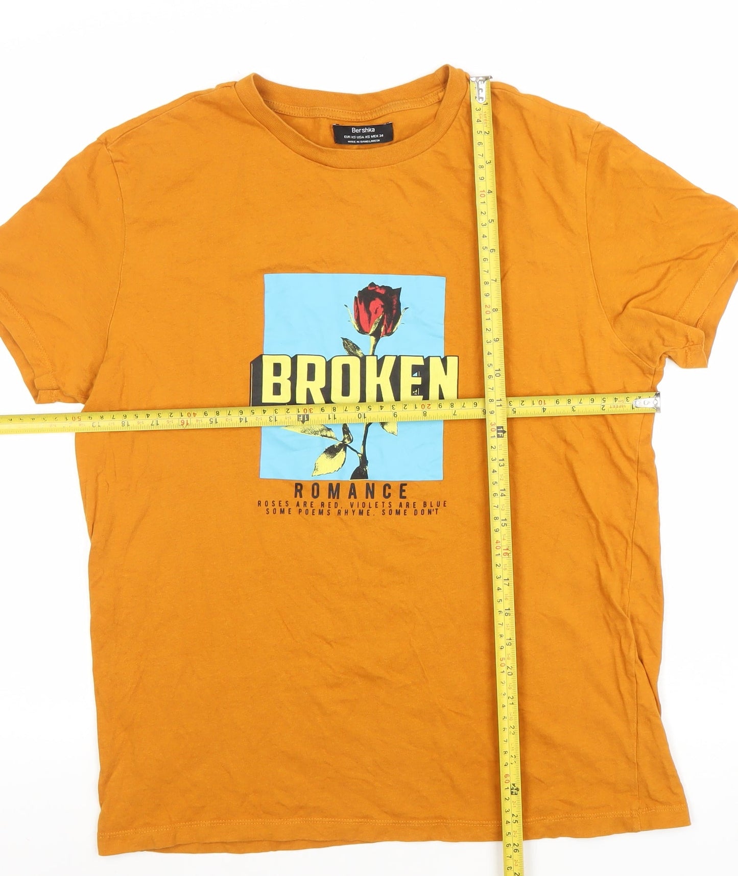 Bershka Men’s Orange Broken Romance Graphic Cotton T-Shirt XS