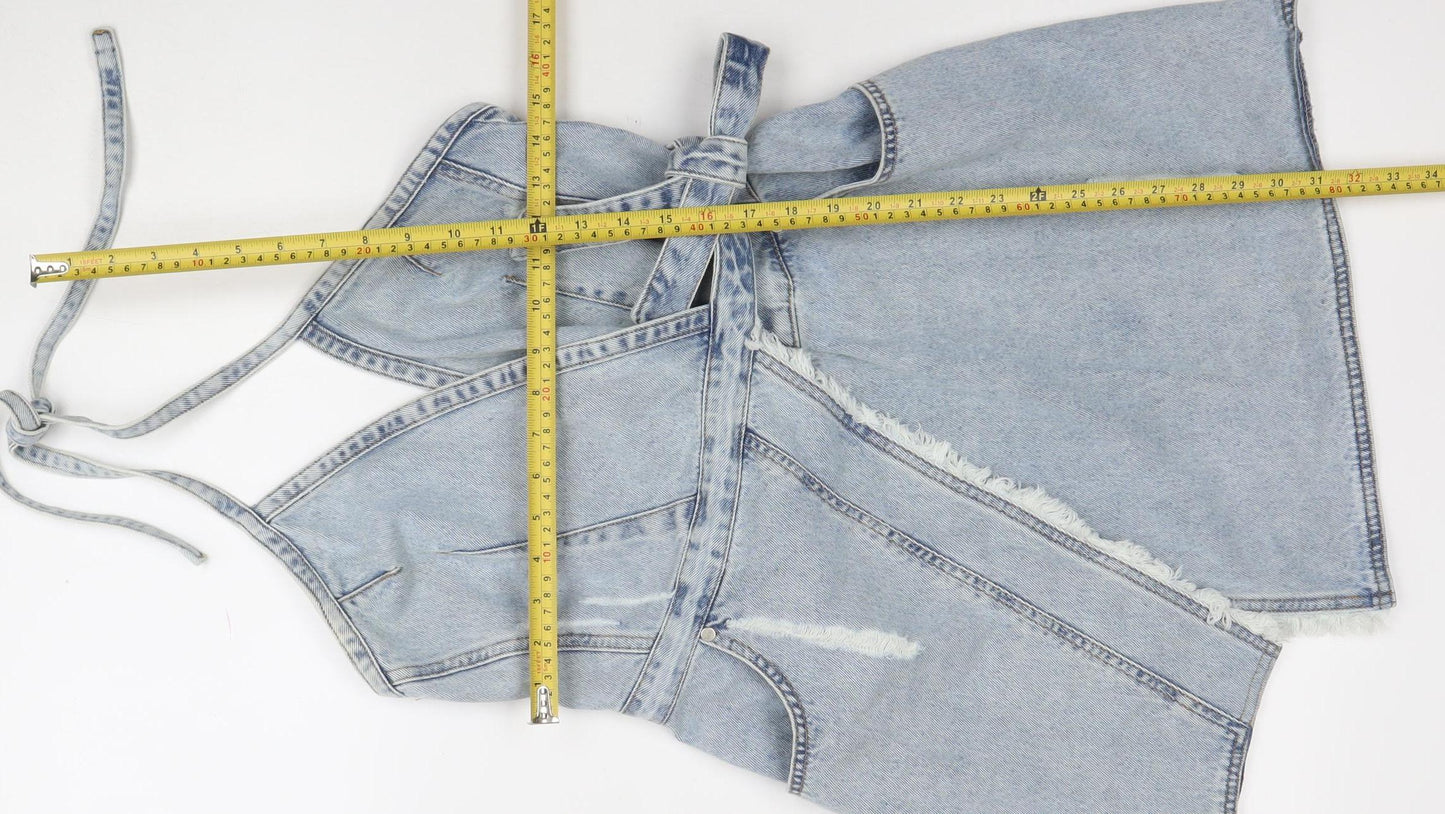 NEVA Women Blue Denim Halter Pinafore Short Dress Size M