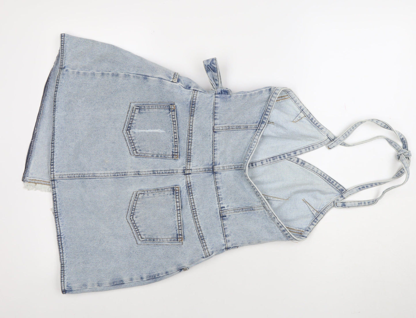 NEVA Women Blue Denim Halter Pinafore Short Dress Size M