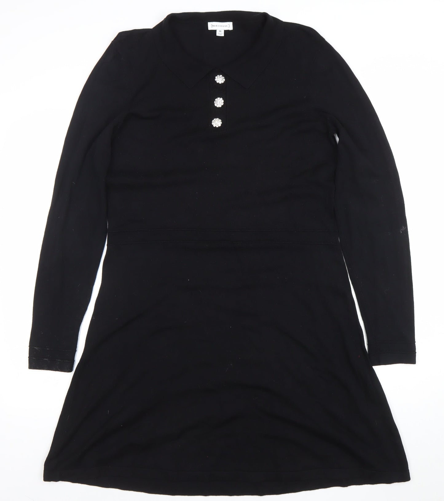 Warehouse Women Black Collared Knit A-Line Long Sleeve Dress Size 16