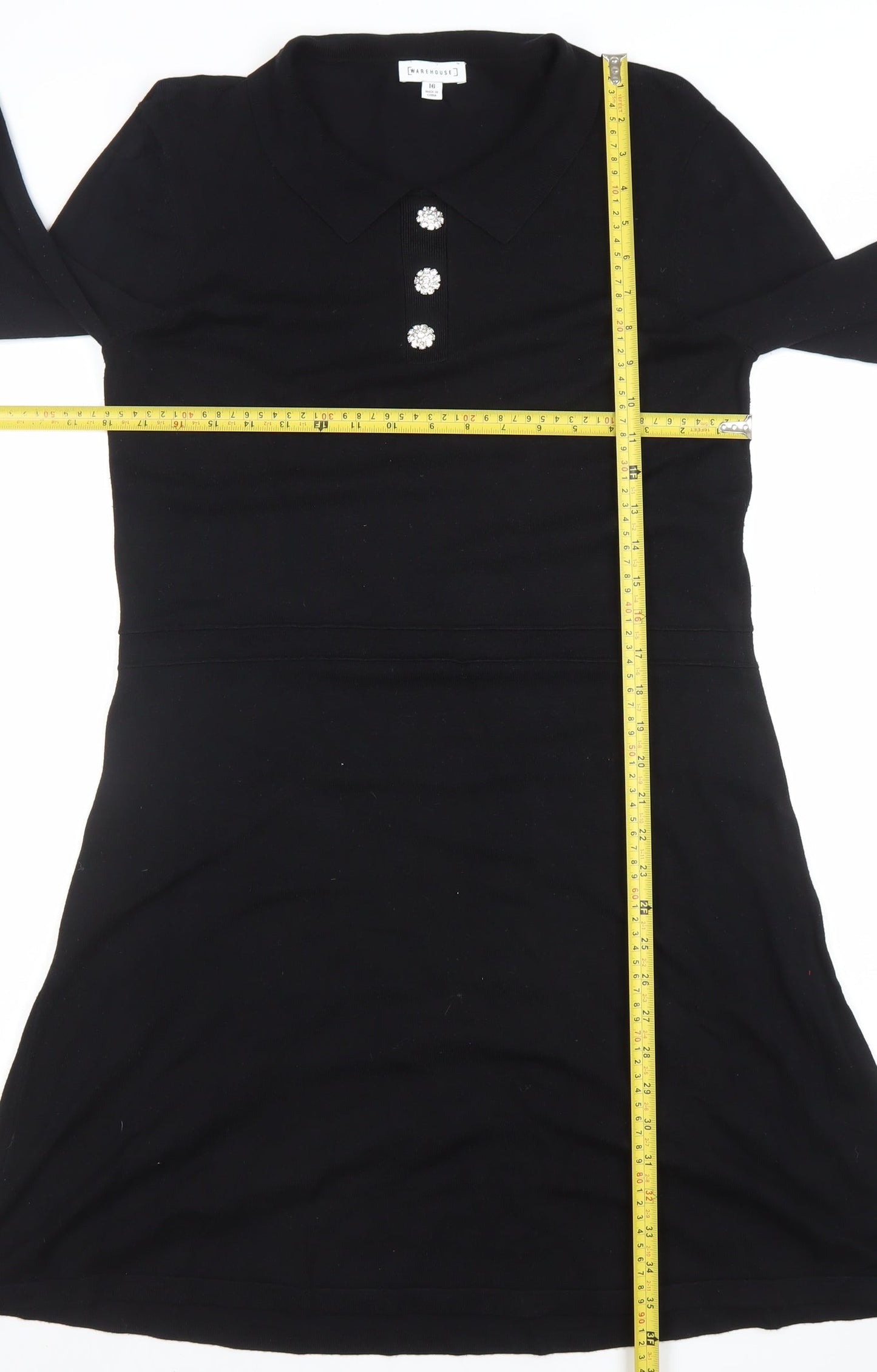 Warehouse Women Black Collared Knit A-Line Long Sleeve Dress Size 16