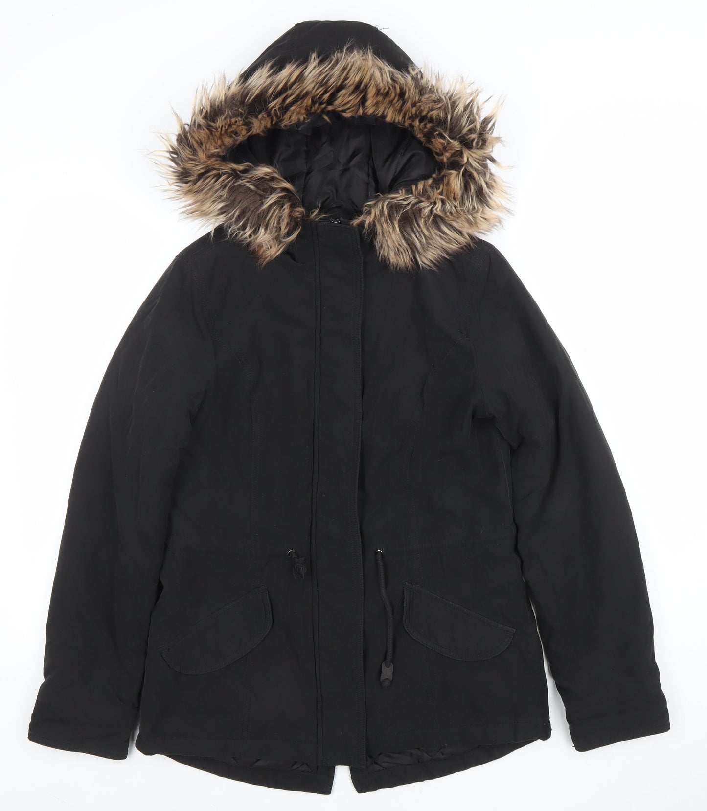 ONLY Women's Black Faux Fur Trim Hooded Parka Jacket Size S