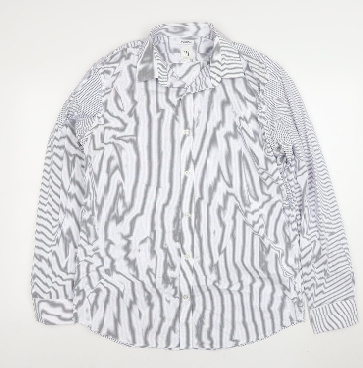 GAP Men's Blue Striped Non-Iron Stretch Cotton Long Sleeve Shirt L