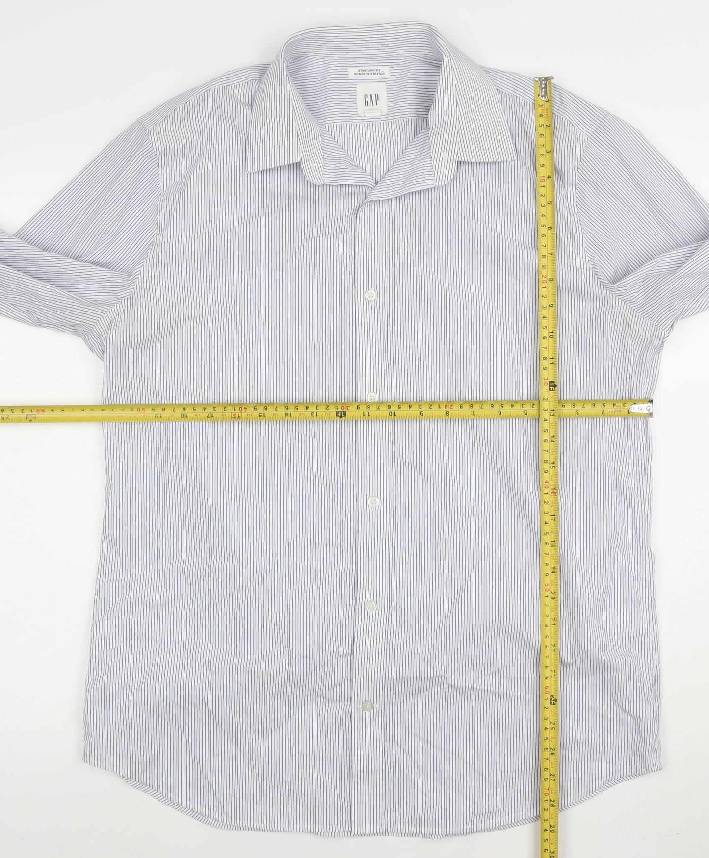 GAP Men's Blue Striped Non-Iron Stretch Cotton Long Sleeve Shirt L