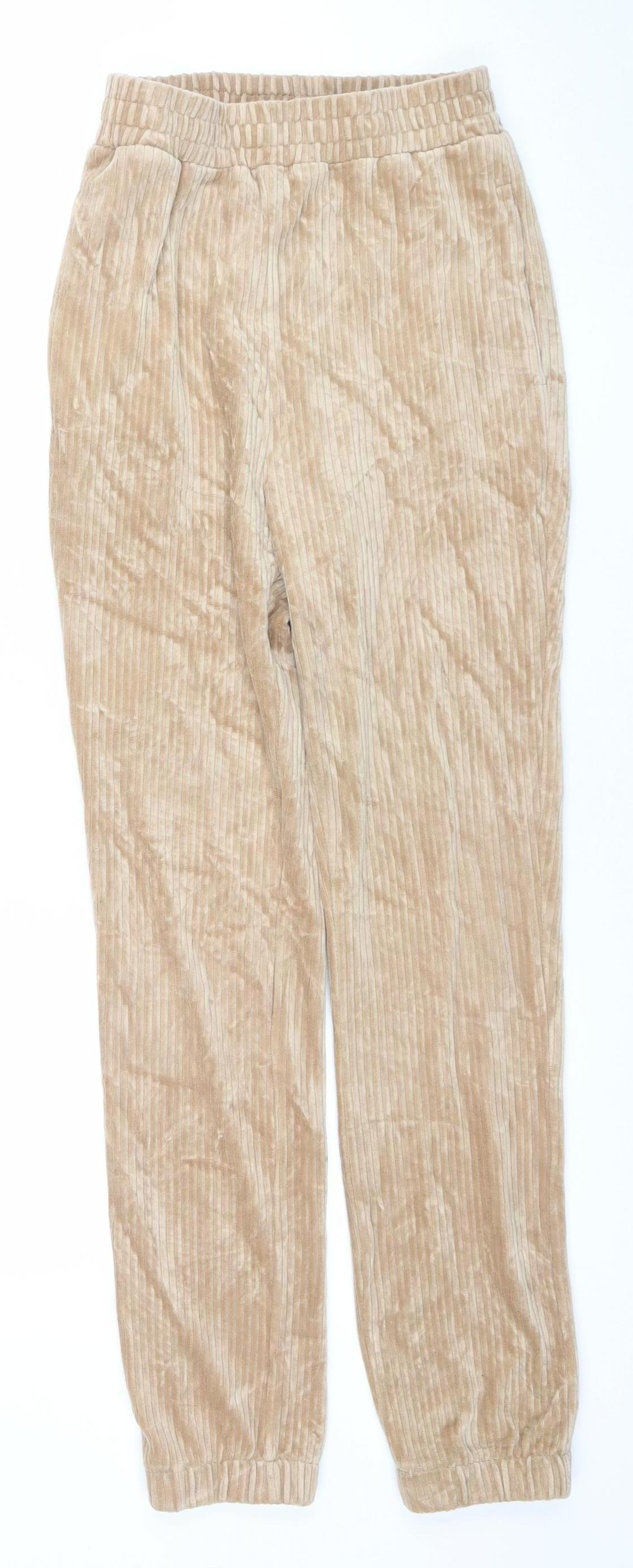 H&M Women Beige XS Velour Jogger Trousers Elastic Waist Soft Lined