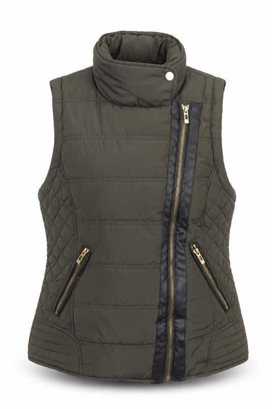 Front view of Denim Co Women Khaki Quilted Waistcoat, size 12, Zip Padded Vest