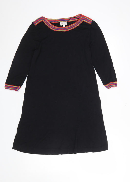 EAST Women’s Black Cotton Viscose Bohemian Trim Shift Dress Size 12