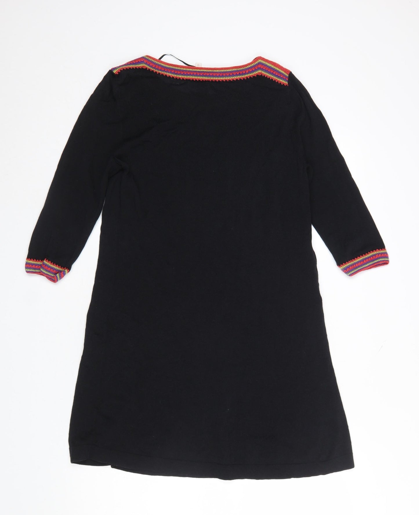 EAST Women’s Black Cotton Viscose Bohemian Trim Shift Dress Size 12