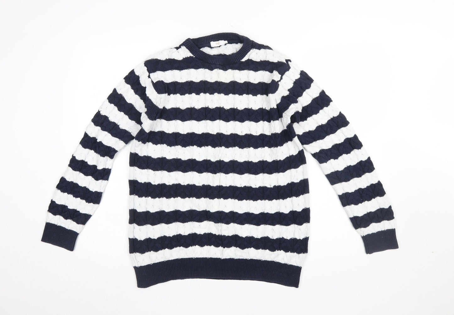 Cotton Traders Women's Blue White Striped Cable Knit Jumper M
