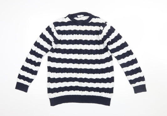 Cotton Traders Women's Blue White Striped Cable Knit Jumper M
