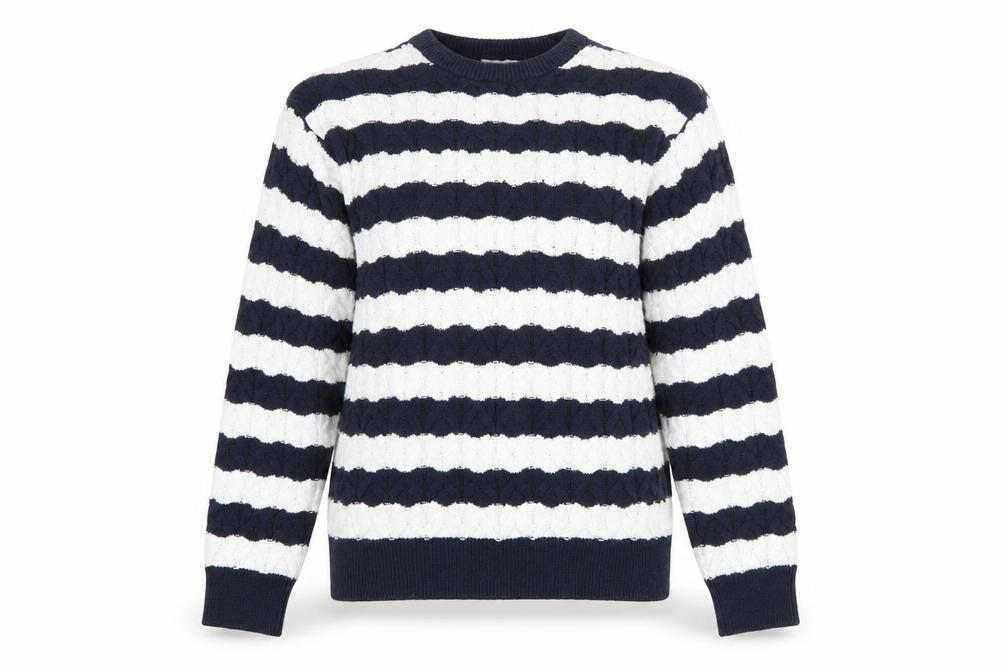 Cotton Traders Women's Blue White Striped Cable Knit Jumper M
