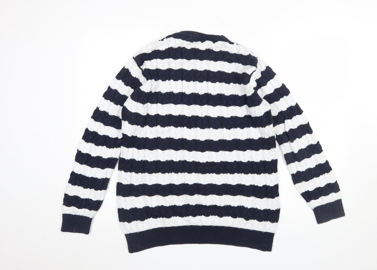 Cotton Traders Women's Blue White Striped Cable Knit Jumper M