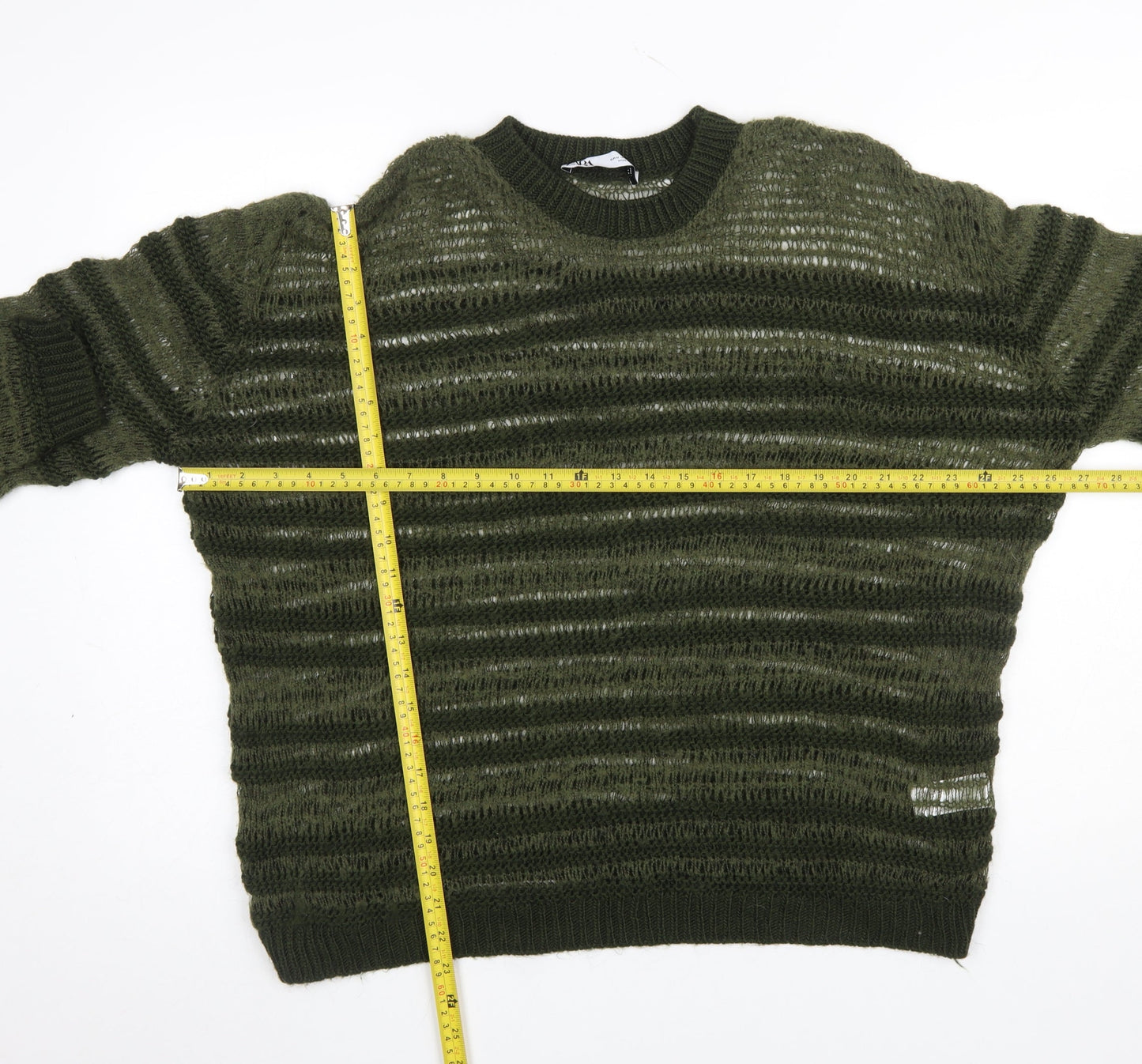 Zara Women Green Striped Open-Knit Pullover Jumper Size 12