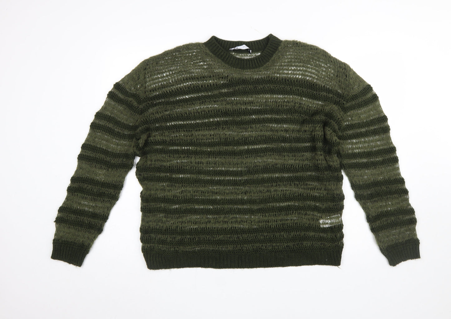 Zara Women Green Striped Open-Knit Pullover Jumper Size 12