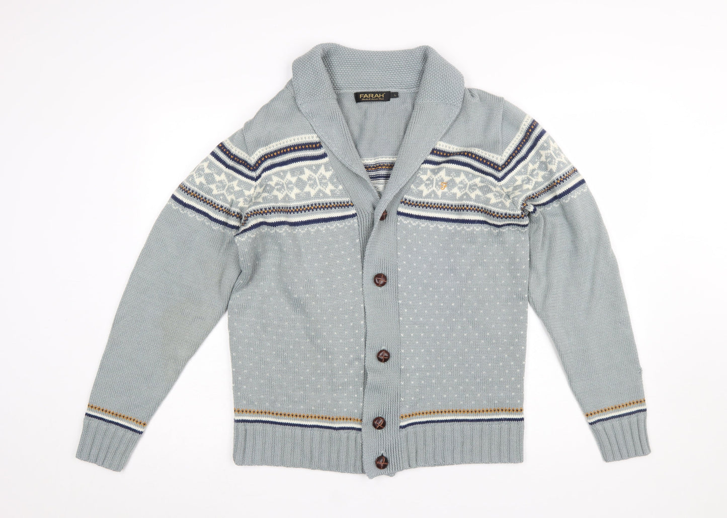 Farah Men’s Grey Fair Isle Shawl Collar Cardigan Jumper Size L