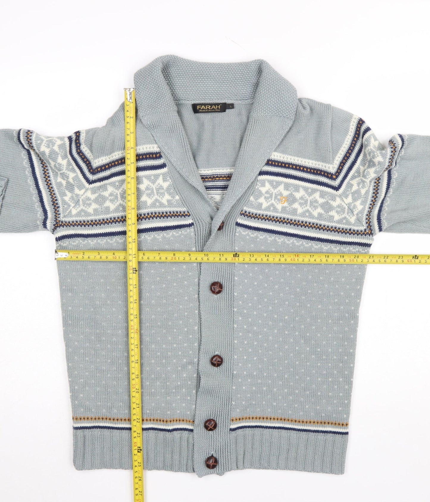 Farah Men’s Grey Fair Isle Shawl Collar Cardigan Jumper Size L