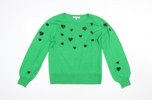Next Women's Green Heart Sequin Crew Neck Pullover Jumper Size M
