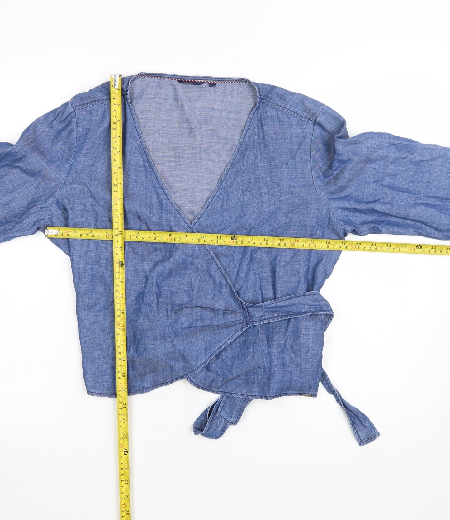 Salsa Women Blue Wrap Lyocell Chambray Blouse L Long Sleeve
